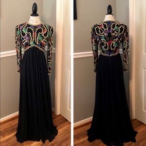 OLEG CASSINI Colorful Beaded Silk Black Gown